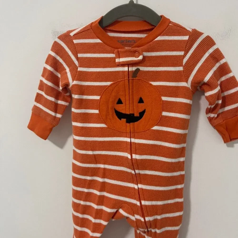 Carter's Pumpkin Halloween Waffle Knit Pajama Onesie Size 3 Months